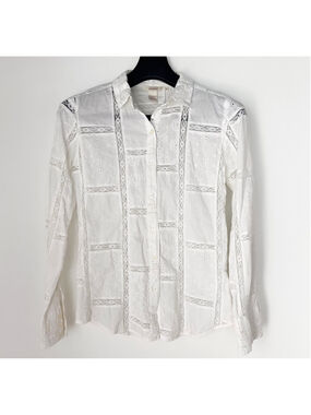 Sundance Embroidered Eyelet White Cotton Lace Patchwork Button Down Blouse Sz S